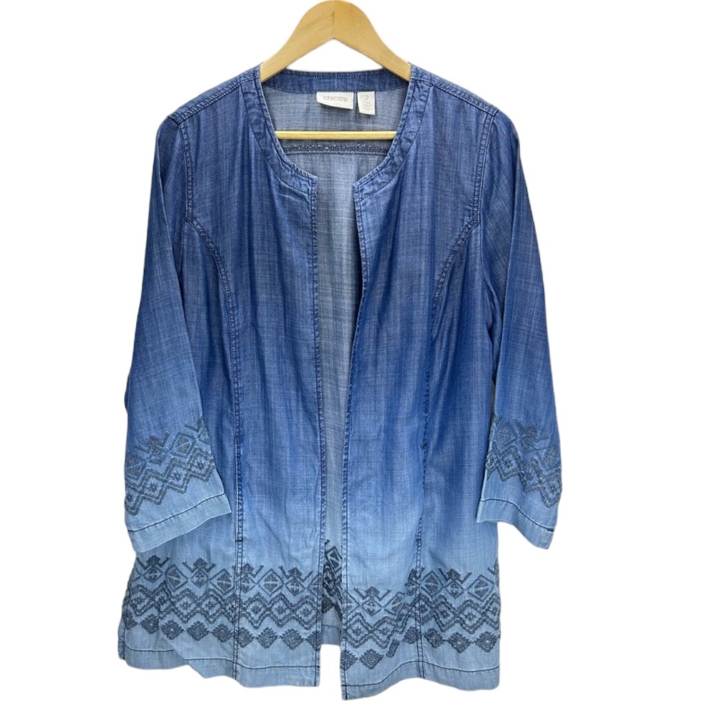 Chico's Blue Ombre Embroidered Open-Front Cardigan